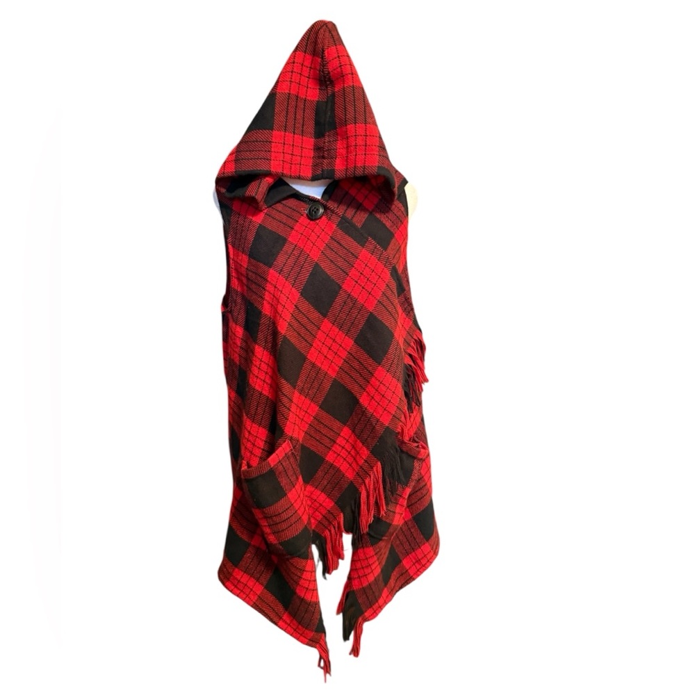 Rewind Red and Black Plaid Poncho With Hood & Pockets - S